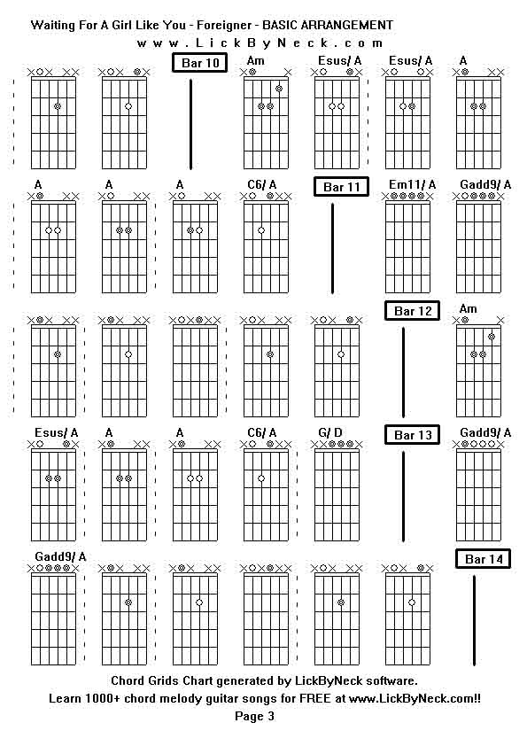 Chord Grids Chart of chord melody fingerstyle guitar song-Waiting For A Girl Like You - Foreigner - BASIC ARRANGEMENT,generated by LickByNeck software.